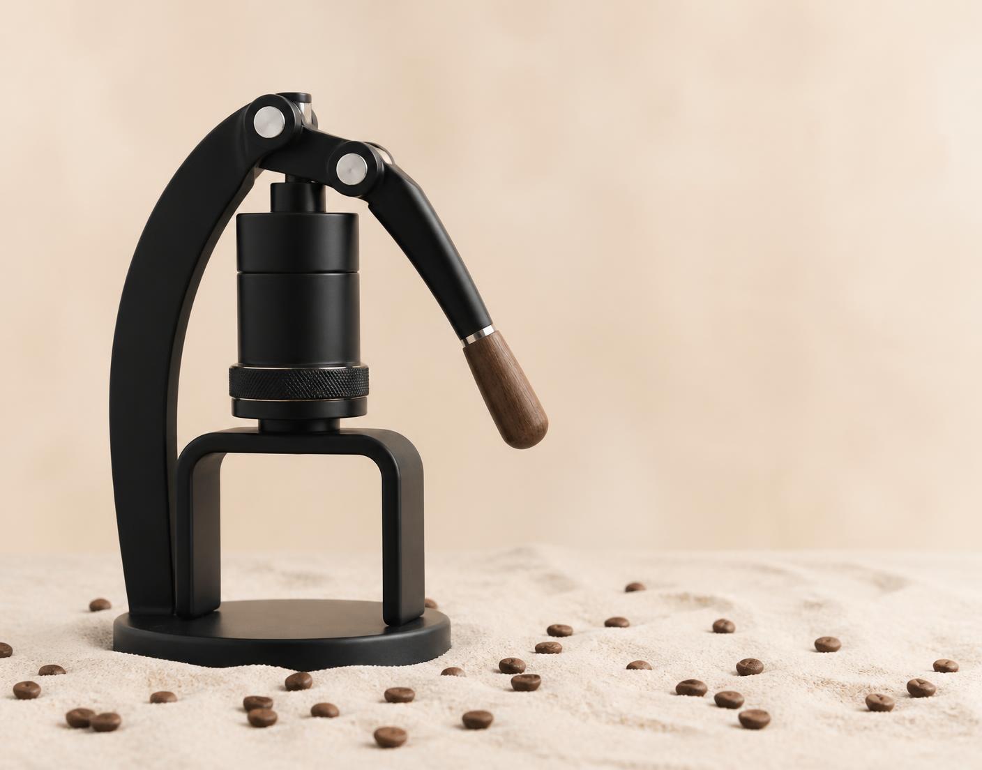 Hand press espresso brewer on pale sand